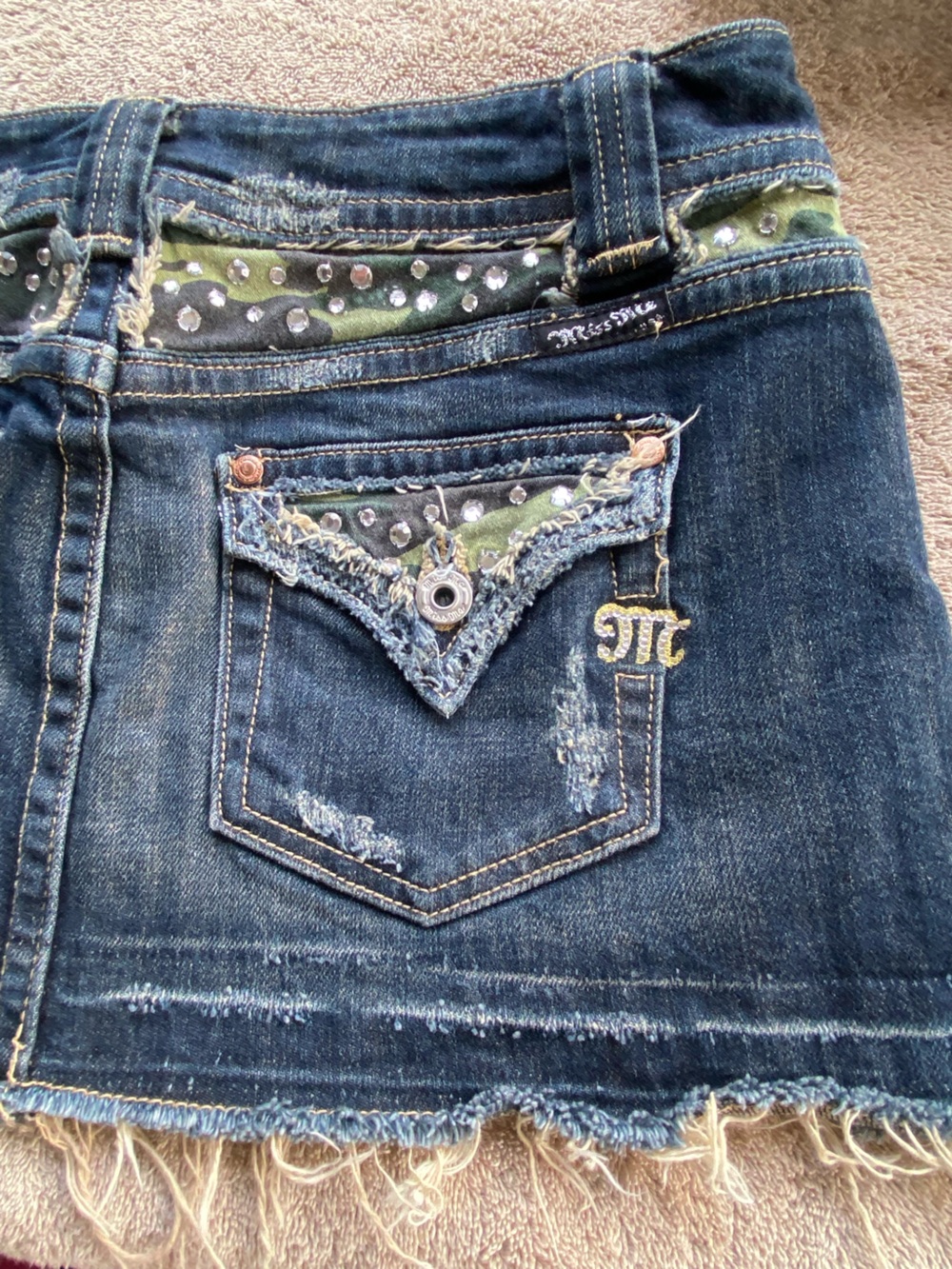 Miss Me Jean Skirt Camo Flap Pocket Rhinestone Distressed McBling Y2K M